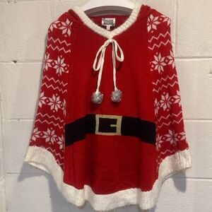 Red Christmas hooded Poncho sweater with Snowflake Design